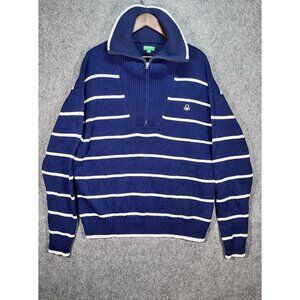 United Colors Of Benetton Men's XL 1/4 Quarter Zip Sweater Navy Blue & White